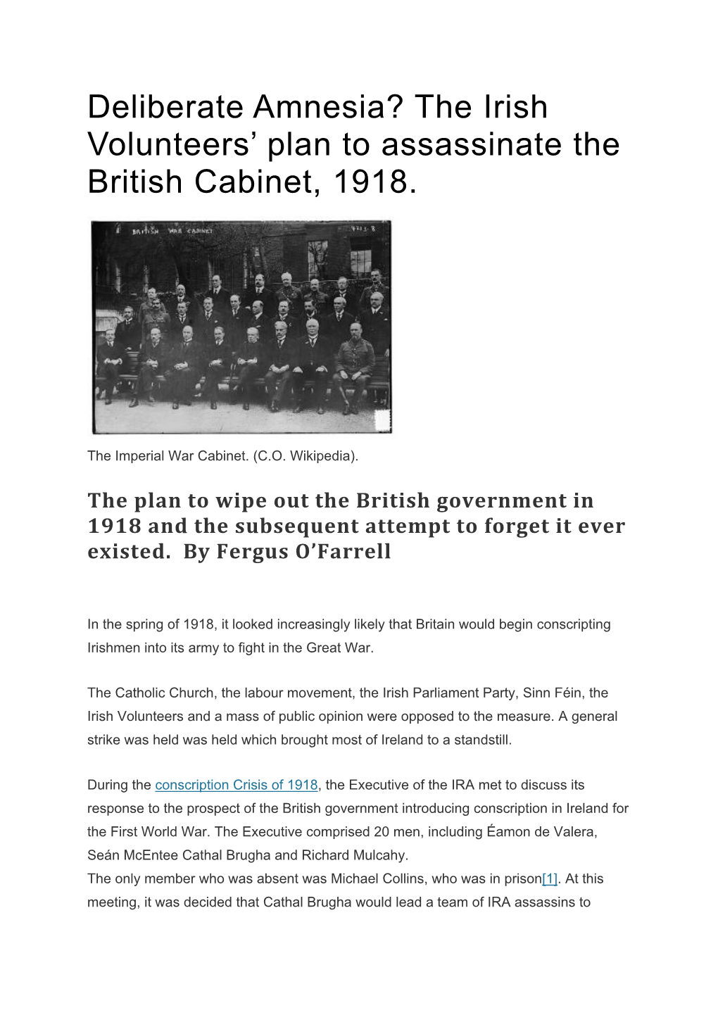 The Irish Volunteers' Plan to Assassinate the British Cabinet, 1918