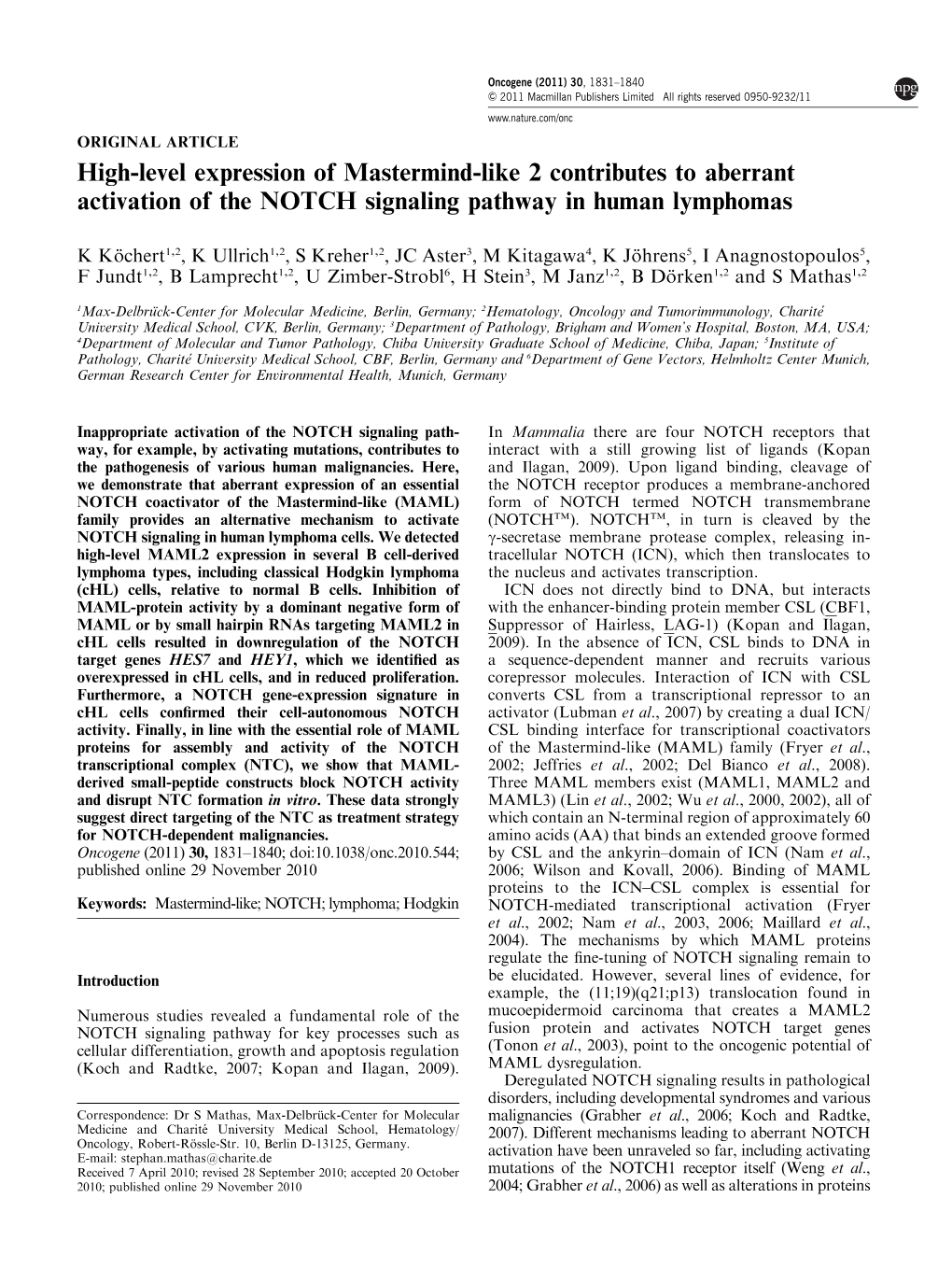 High-Level Expression of Mastermind-Like 2 Contributes to Aberrant Activation of the NOTCH Signaling Pathway in Human Lymphomas