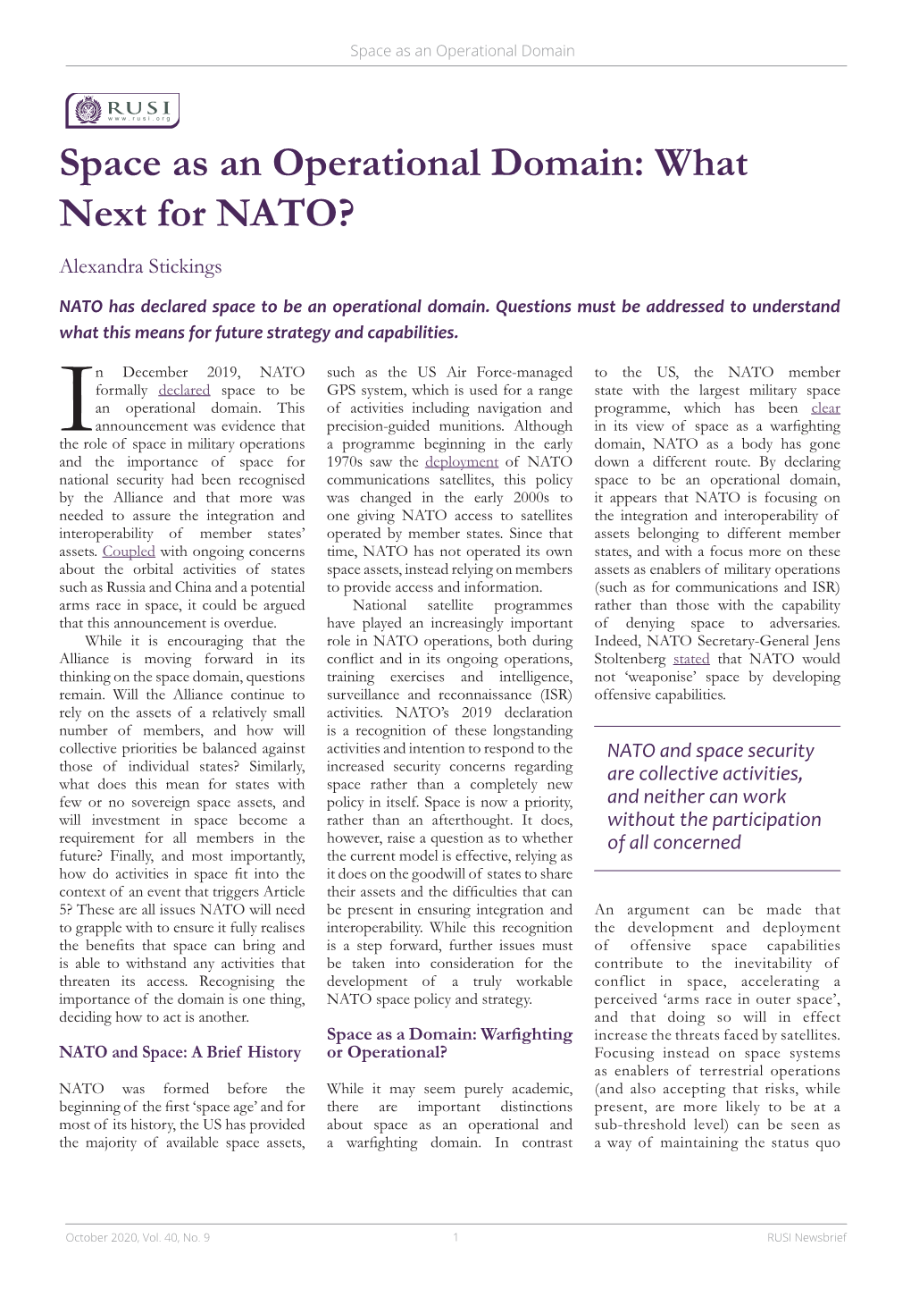 Space As an Operational Domain: What Next for NATO? Alexandra Stickings
