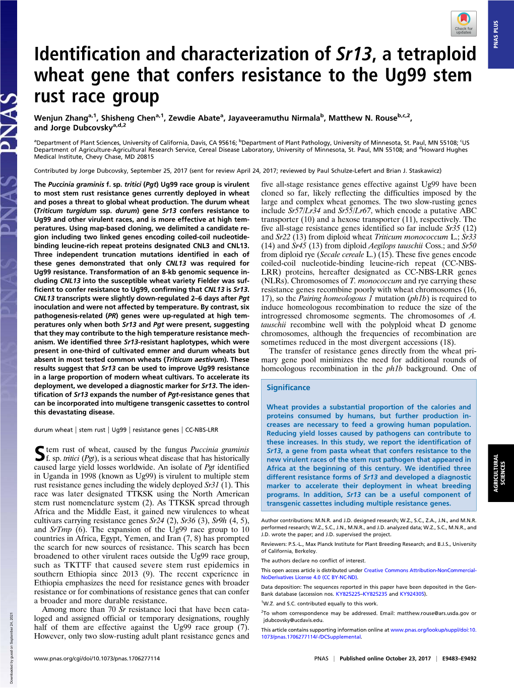 Identification and Characterization of Sr13, a Tetraploid Wheat Gene That