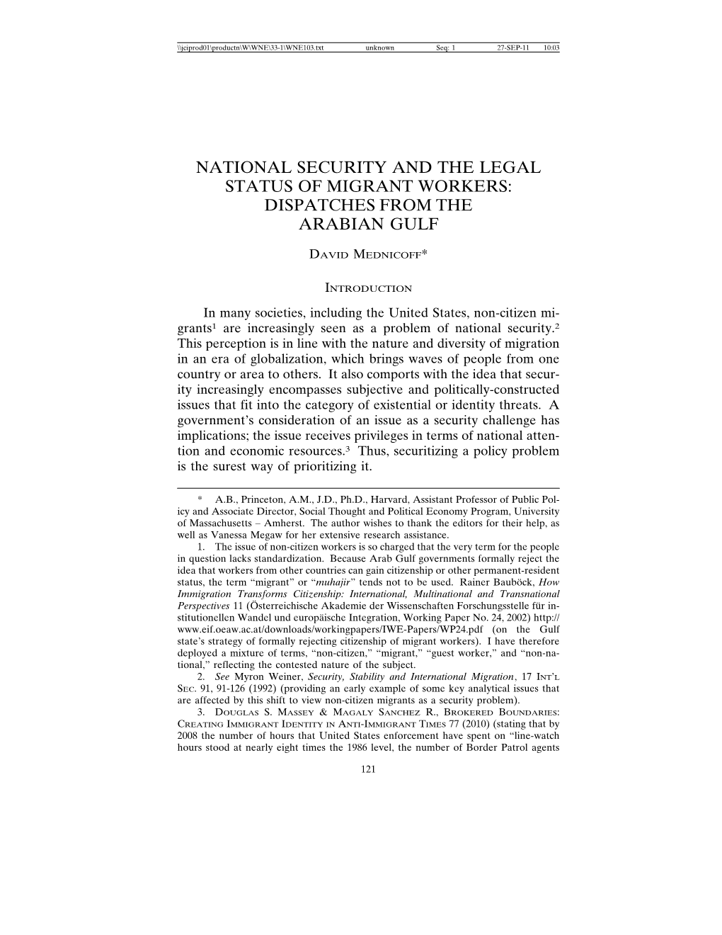 National Security and the Legal Status of Migrant Workers: Dispatches from the Arabian Gulf