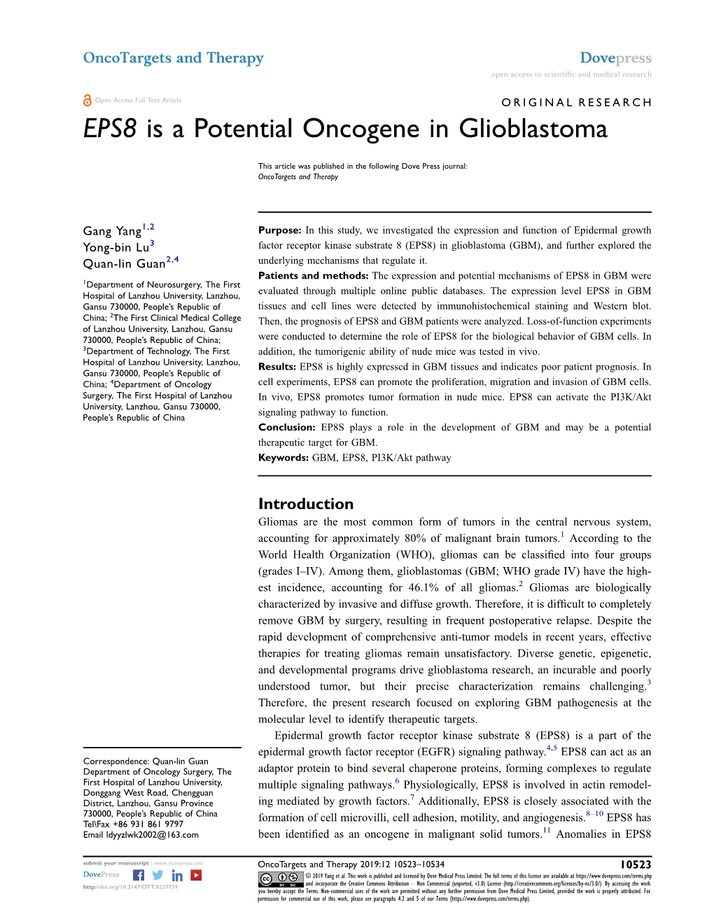 EPS8 Is a Potential Oncogene in Glioblastoma