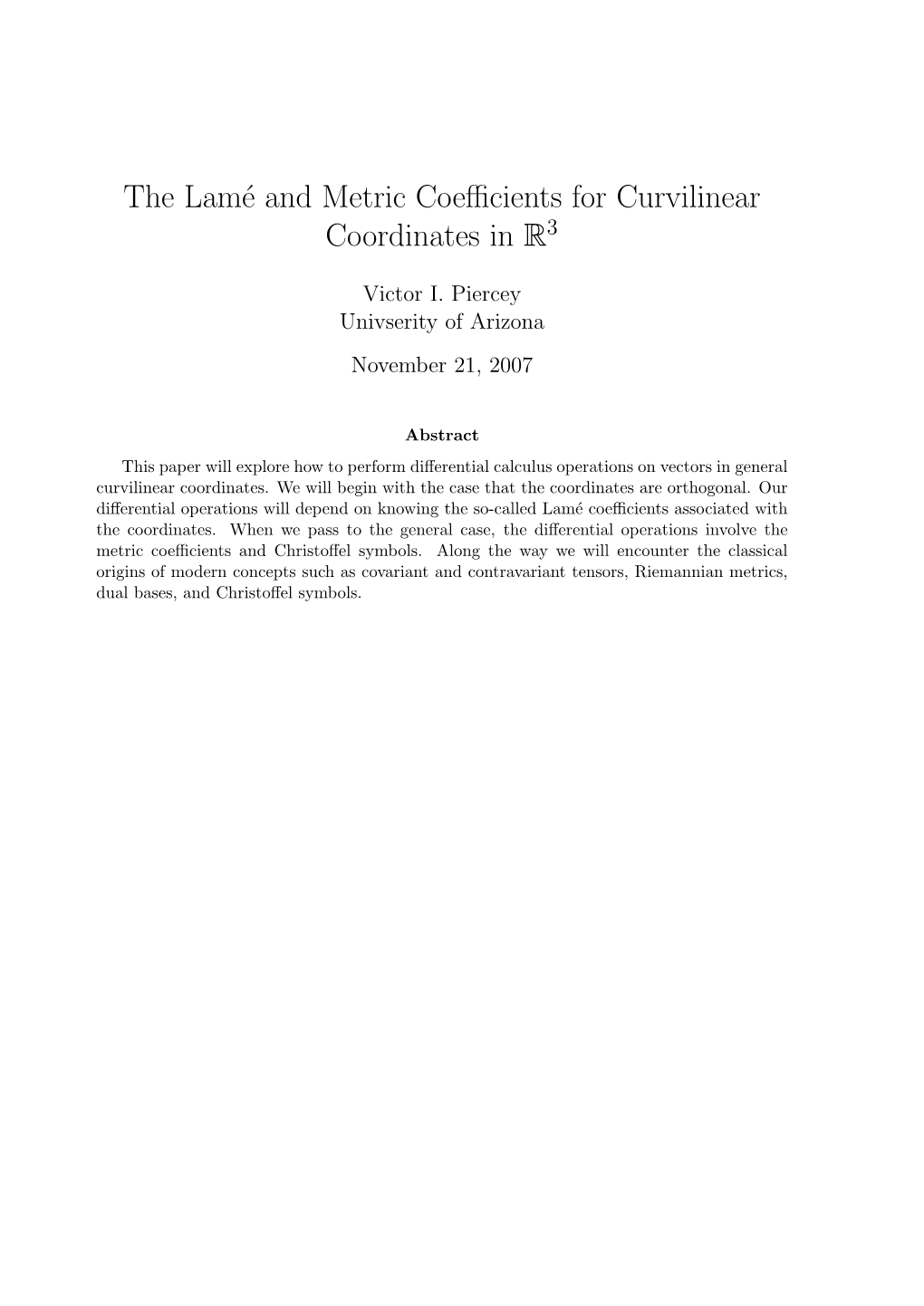 The Lamй and Metric Coefficients for Curvilinear Coordinates in R