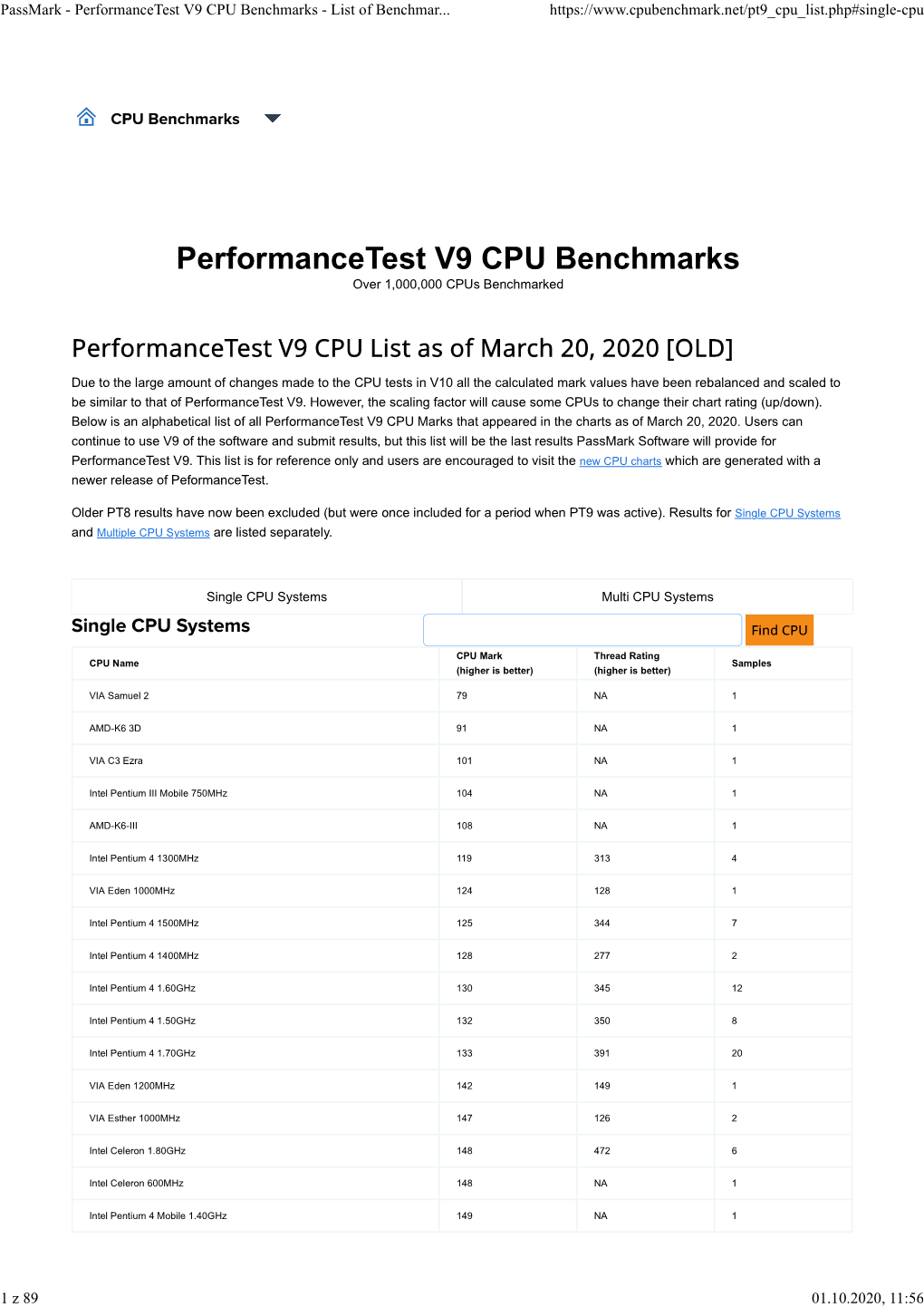 Passmark - Performancetest V9 CPU Benchmarks - List of Benchmar