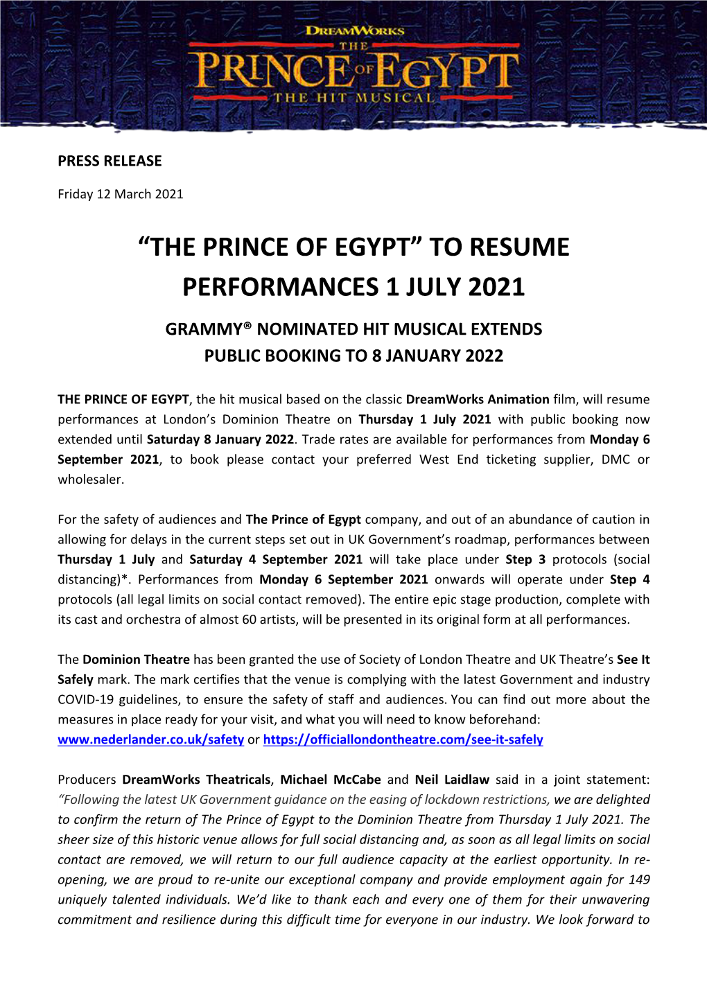 The Prince of Egypt” to Resume Performances 1 July 2021