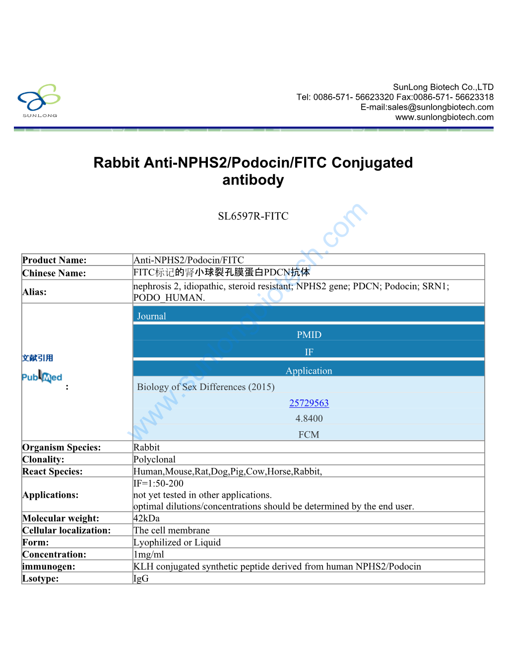 Rabbit Anti-NPHS2/Podocin/FITC Conjugated Antibody-SL6597R-FITC