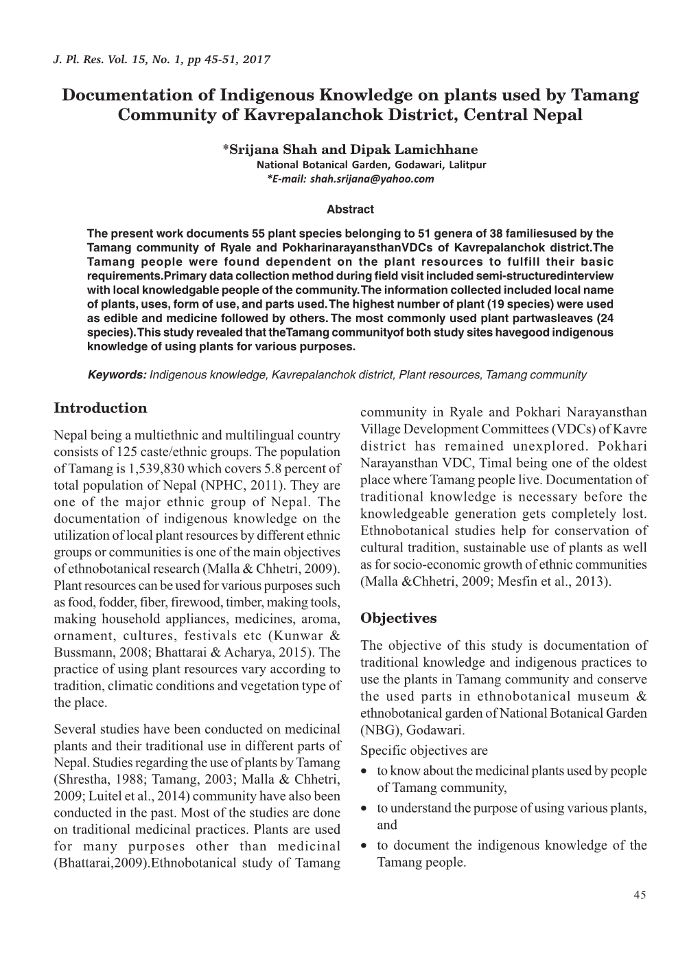 Documentation of Indigenous Knowledge on Plants Used by Tamang Community of Kavrepalanchok District, Central Nepal