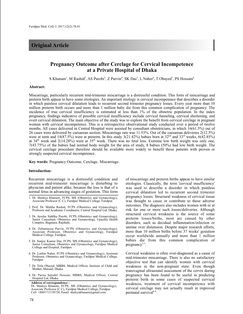 Pregnancy Outcome After Cerclage for Cervical Incompetence at a Private
