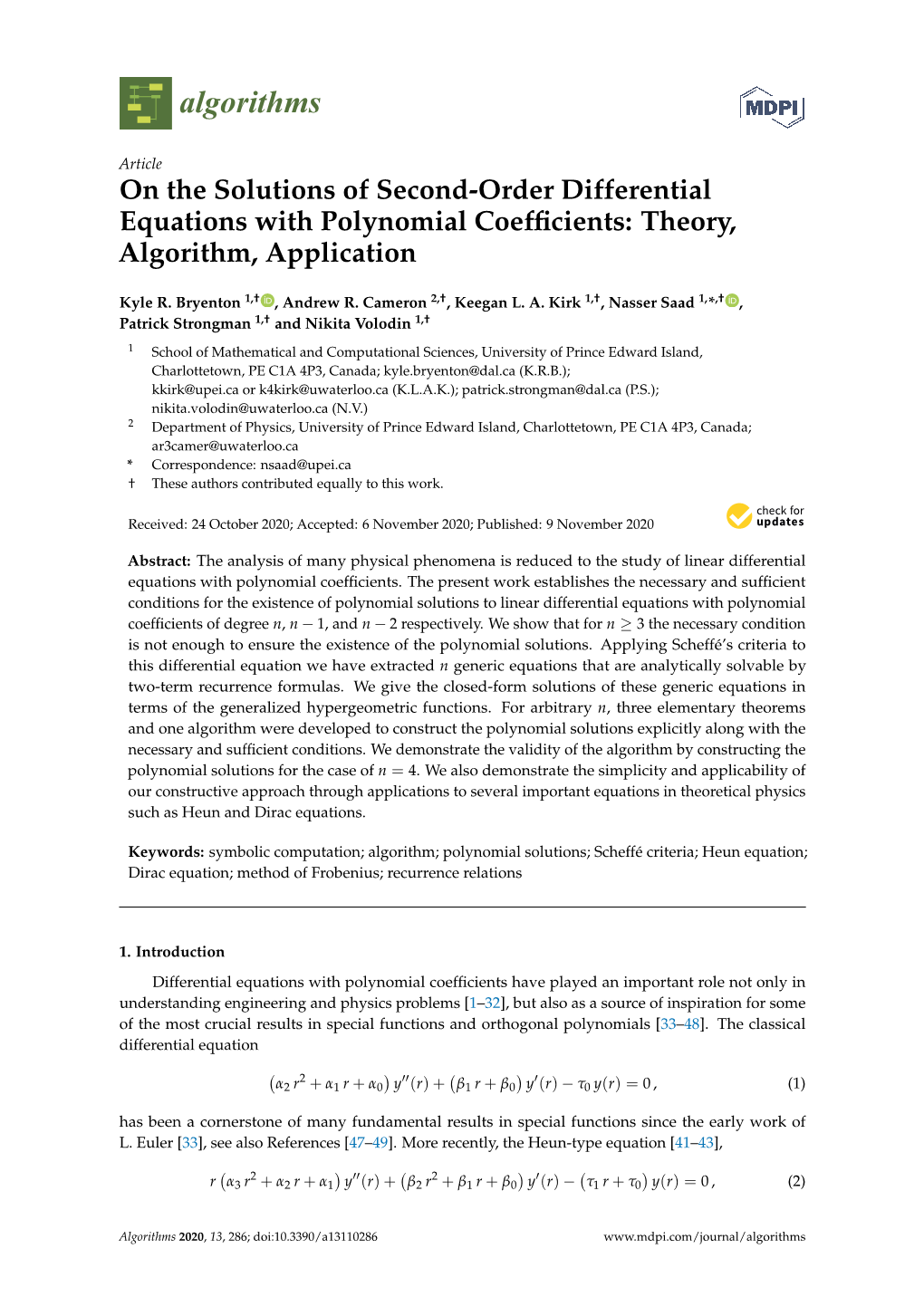 On the Solutions of Second-Order Differential Equations with Polynomial Coefﬁcients: Theory, Algorithm, Application