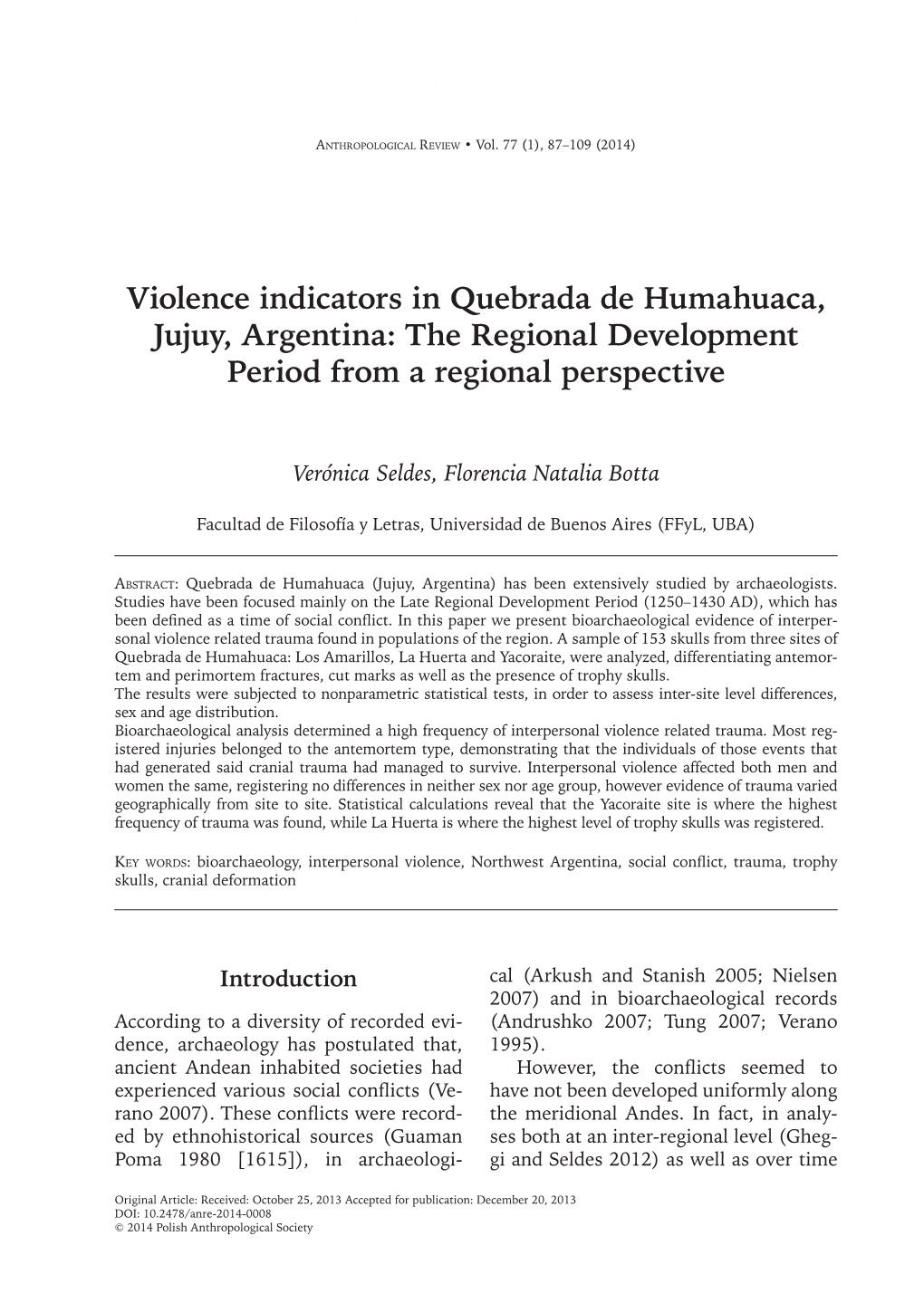 Violence Indicators in Quebrada De Humahuaca, Jujuy, Argentina: the Regional Development Period from a Regional Perspective