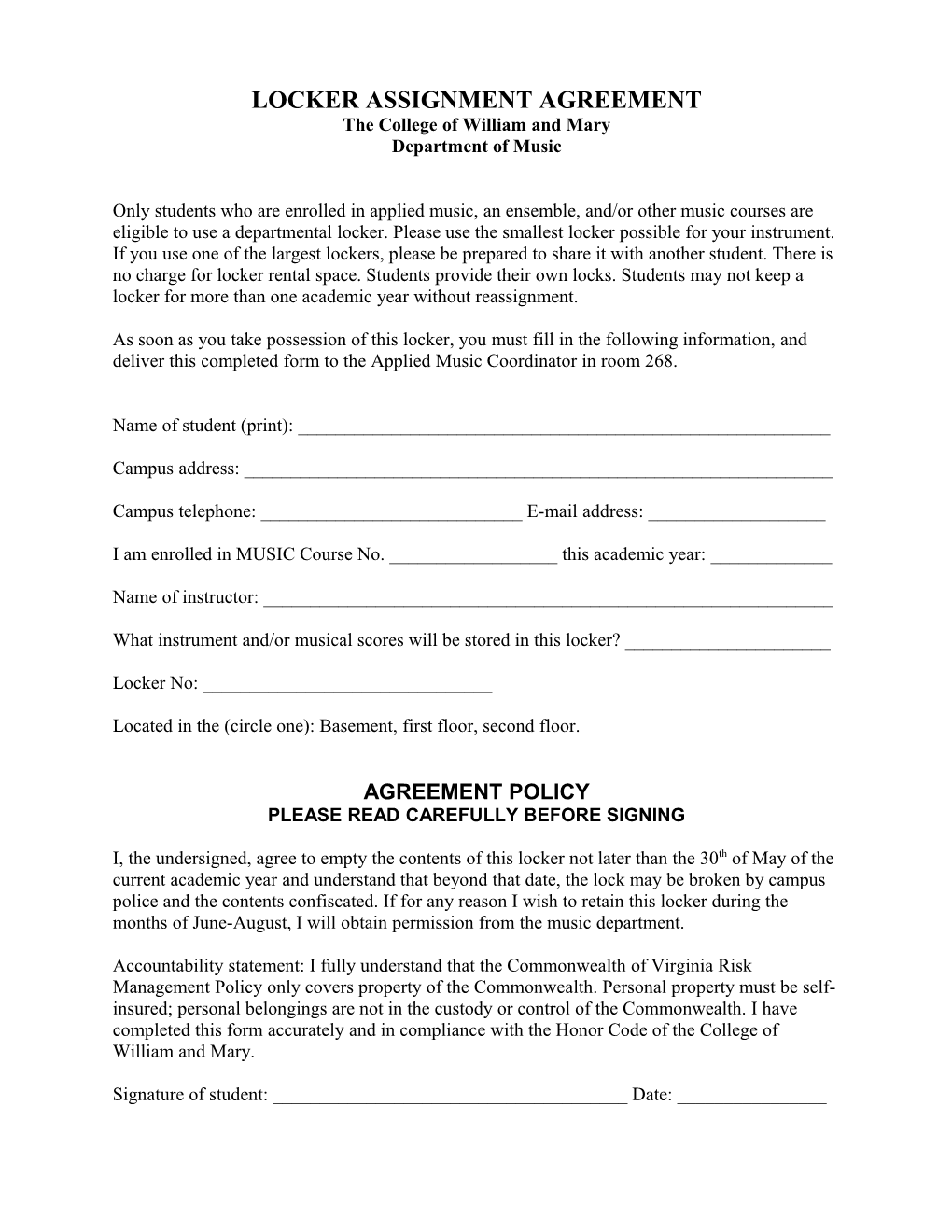 Locker Assignment Agreement