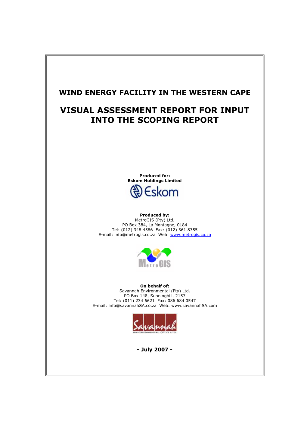 Visual Assessment Report for Input Into the Scoping Report