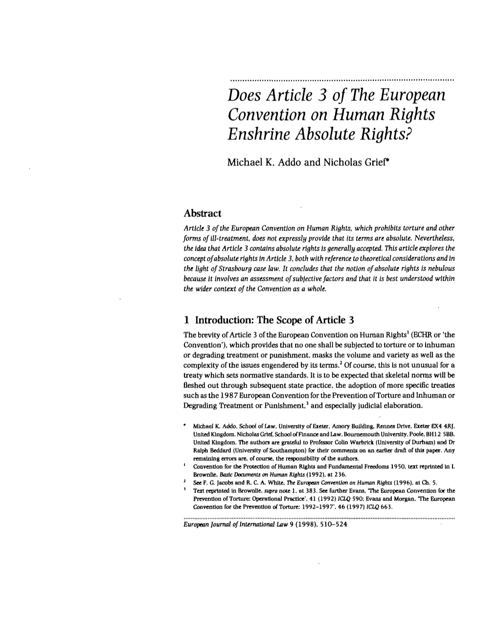 Does Article 3 of the European Convention on Human Rights Enshrine Absolute Rights?