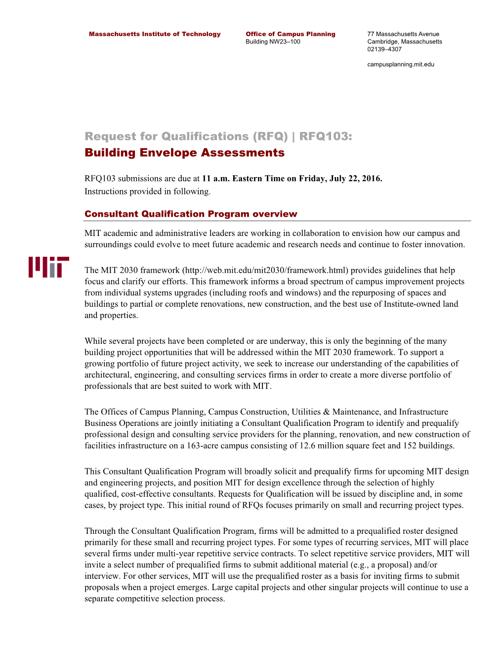 (RFQ) | RFQ103: Building Envelope Assessments