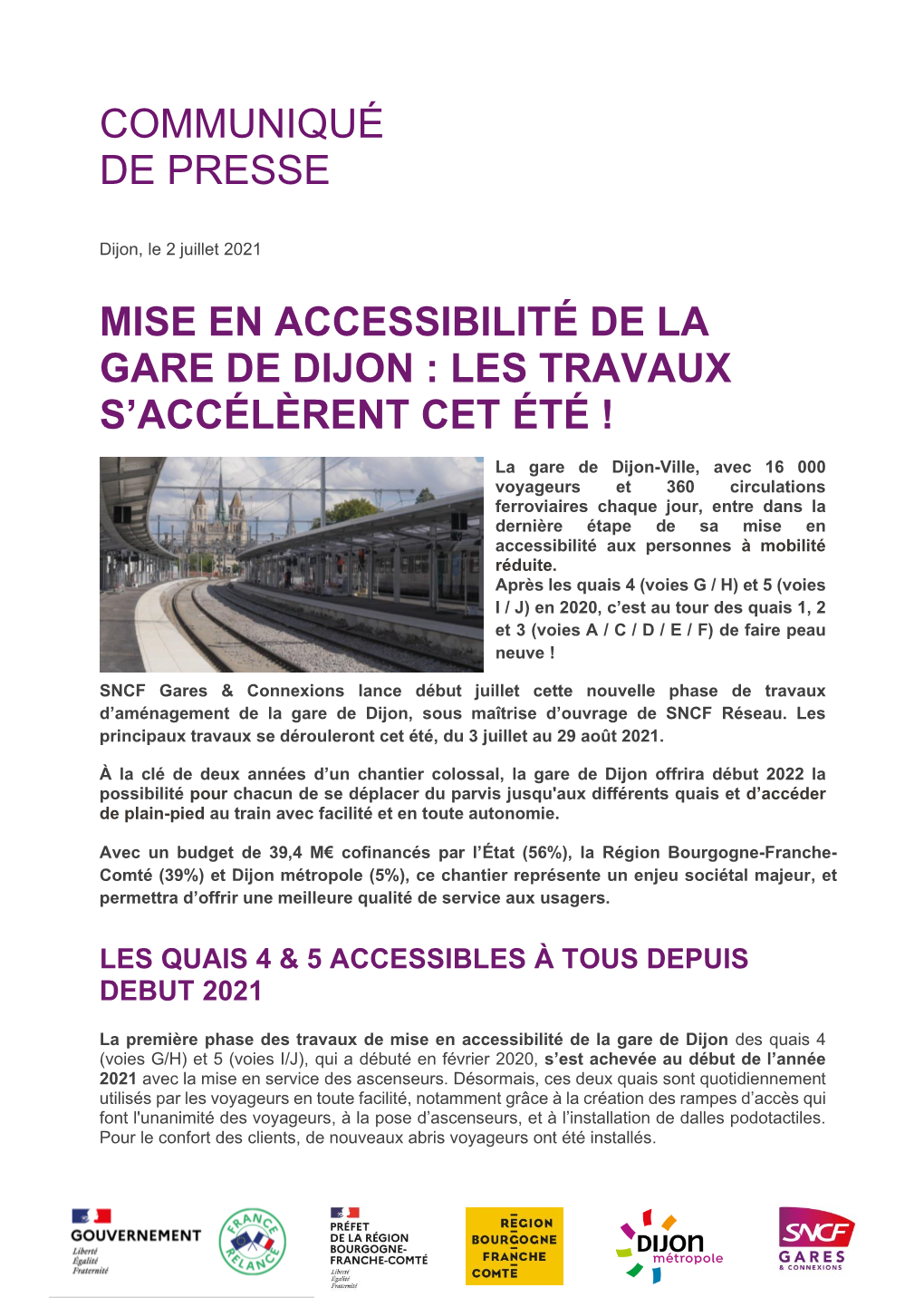 Communiqué De Presse Mise En Accessibilité De La Gare De Dijon : Les Travaux S'accélèrent Cet Été !