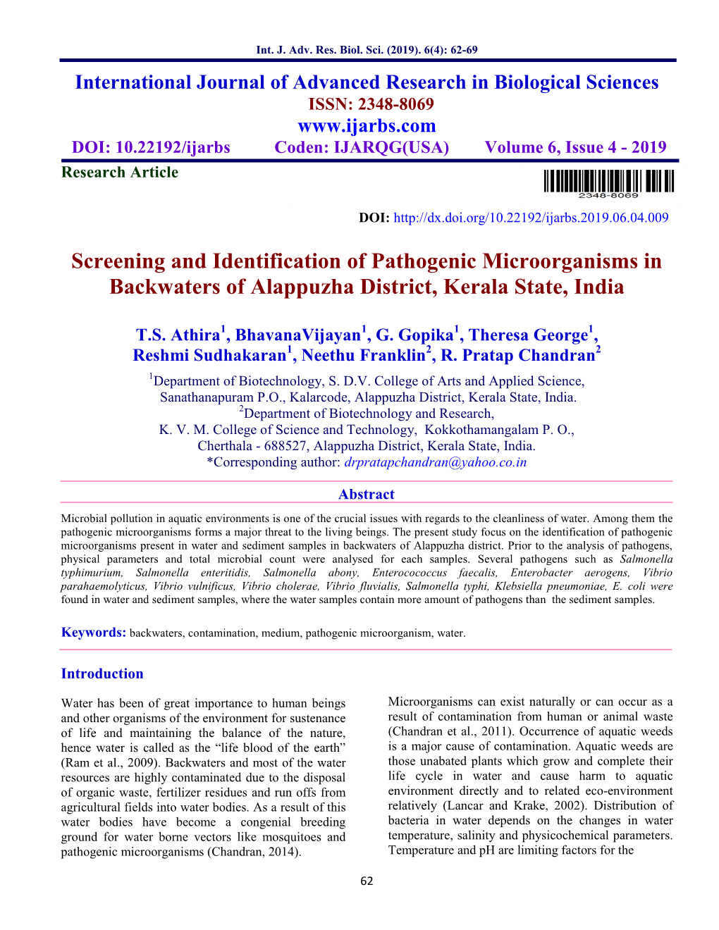 Screening and Identification of Pathogenic Microorganisms in Backwaters of Alappuzha District, Kerala State, India