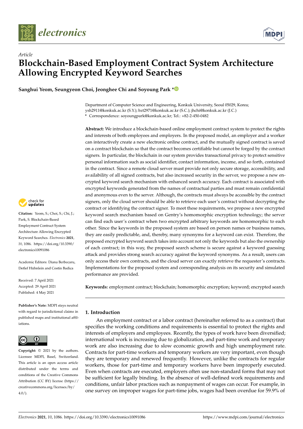 Blockchain-Based Employment Contract System Architecture Allowing Encrypted Keyword Searches