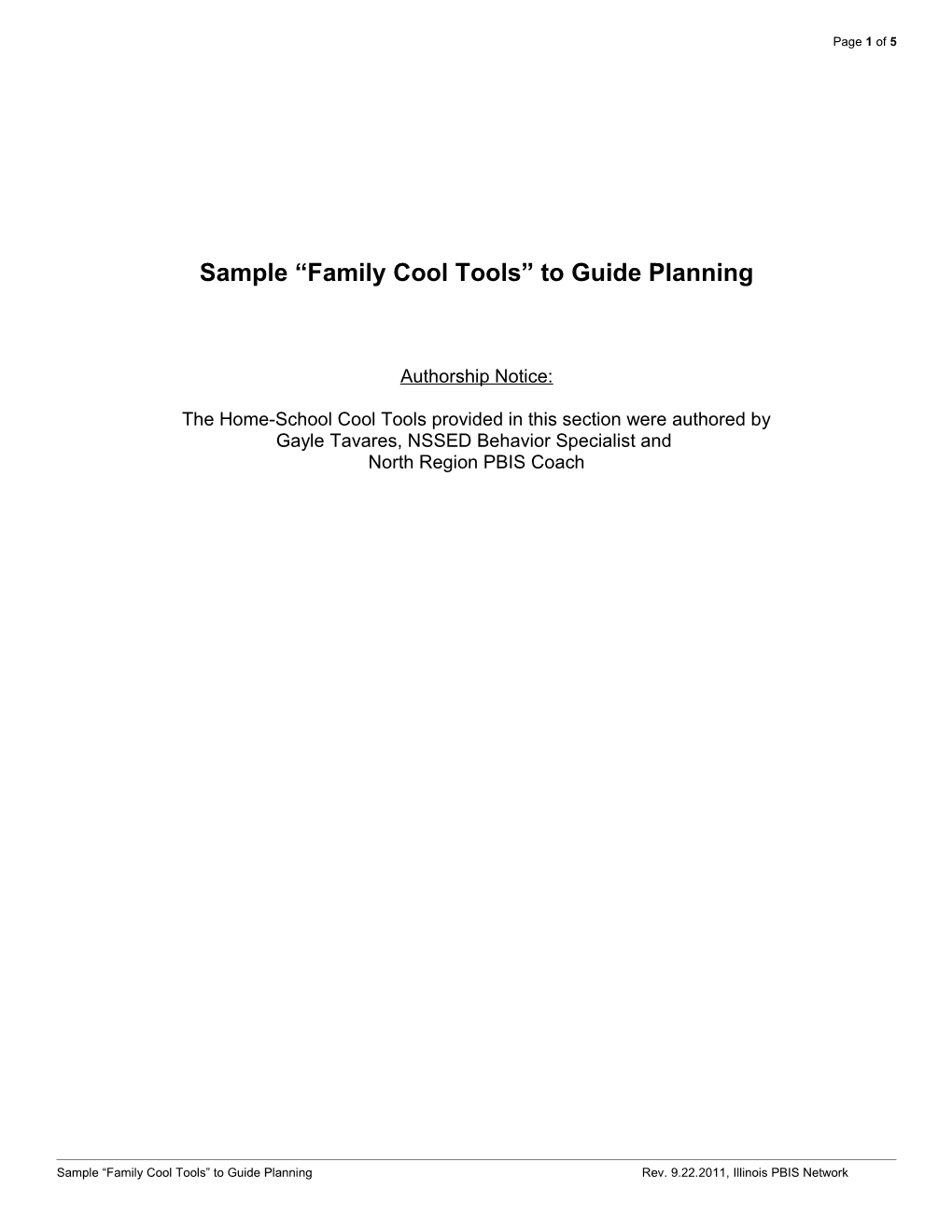 Sample Family Cool Tools to Guide Planning