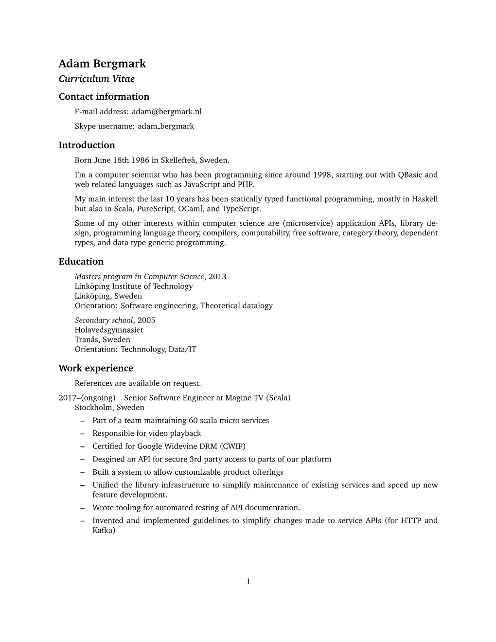 Adam Bergmark Curriculum Vitae