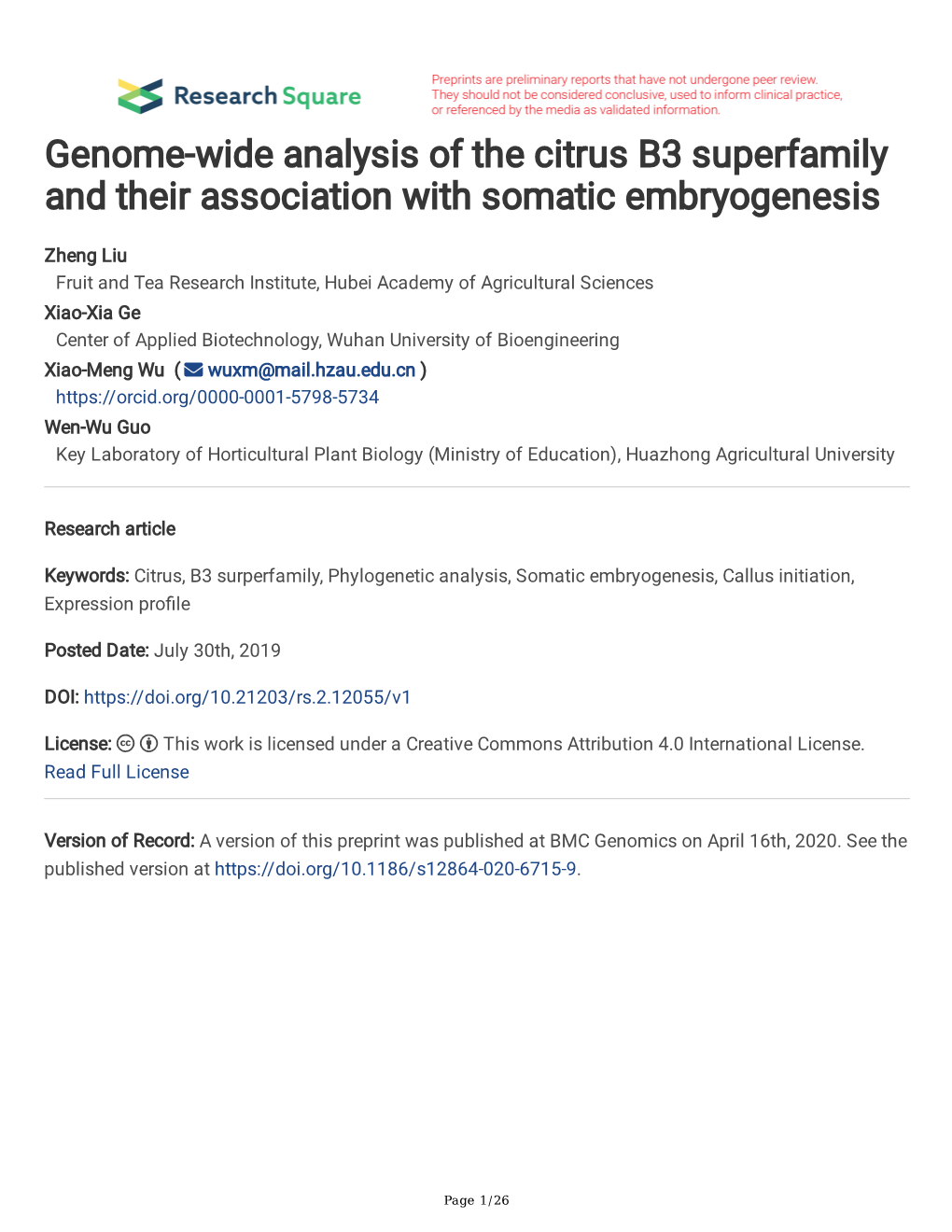 Genome-Wide Analysis of the Citrus B3 Superfamily and Their Association with Somatic Embryogenesis