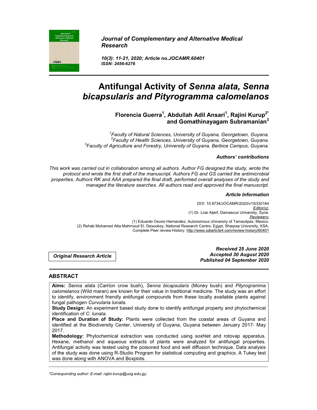 Antifungal Activity of Senna Alata, Senna Bicapsularis and Pityrogramma Calomelanos