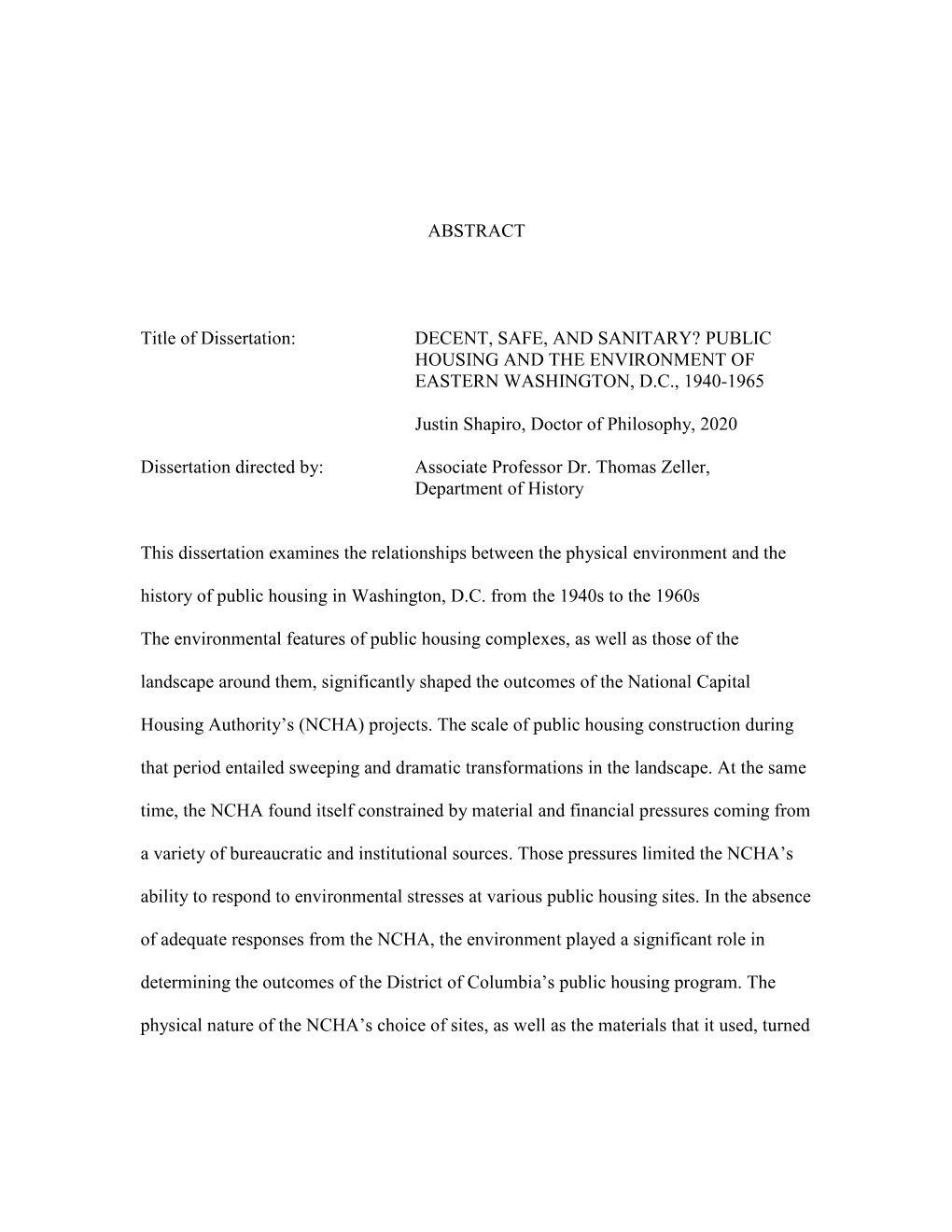 Public Housing and the Environment of Eastern Washington, D.C., 1940-1965