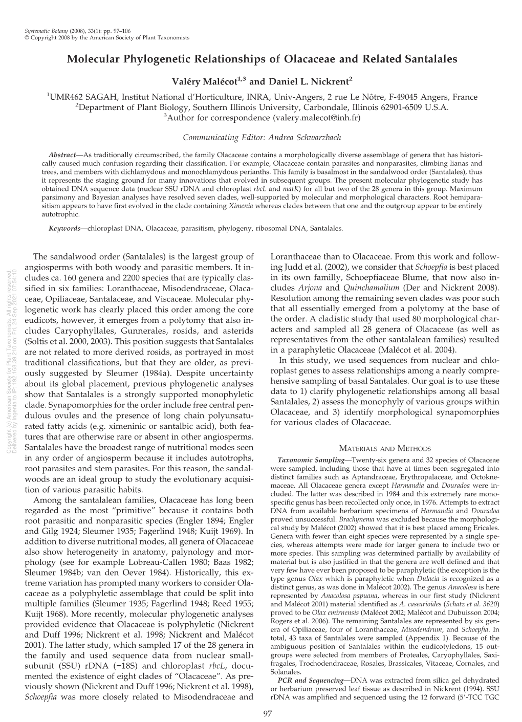 Molecular Phylogenetic Relationships of Olacaceae and Related Santalales