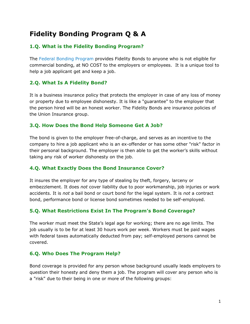 Fidelity Bonding Program Q & A