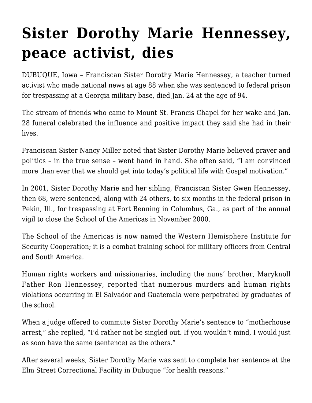 Sister Dorothy Marie Hennessey, Peace Activist, Dies