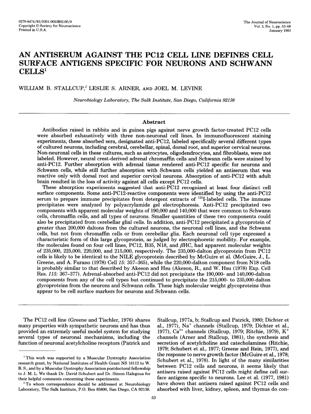 An Antiserum Against the Pc12 Cell Line Defines Cell Surface Antigens Specific for Neurons and Schwann Cells1