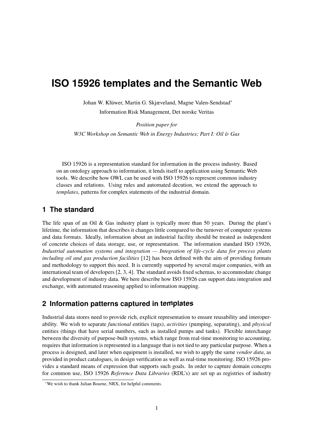 ISO 15926 Templates and the Semantic Web