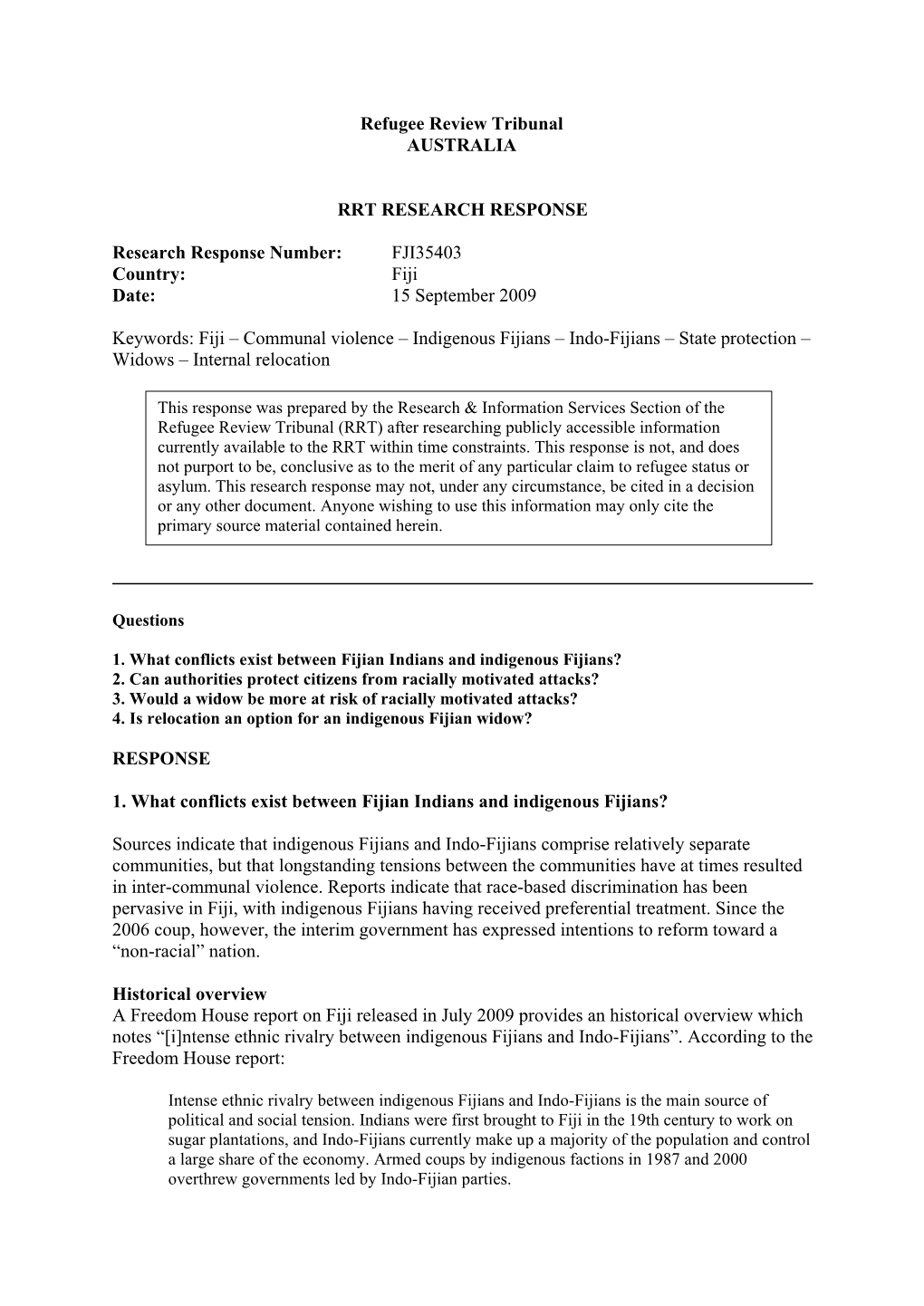 Fiji – Communal Violence – Indigenous Fijians – Indo-Fijians – State Protection – Widows – Internal Relocation