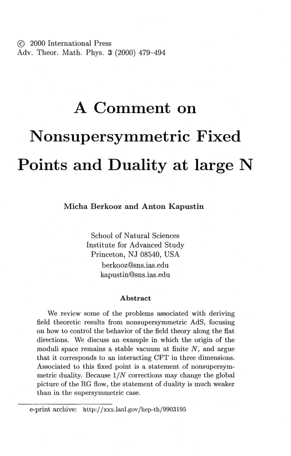 A Comment on N Onsupersymmetric Fixed Points and Duality at Large N