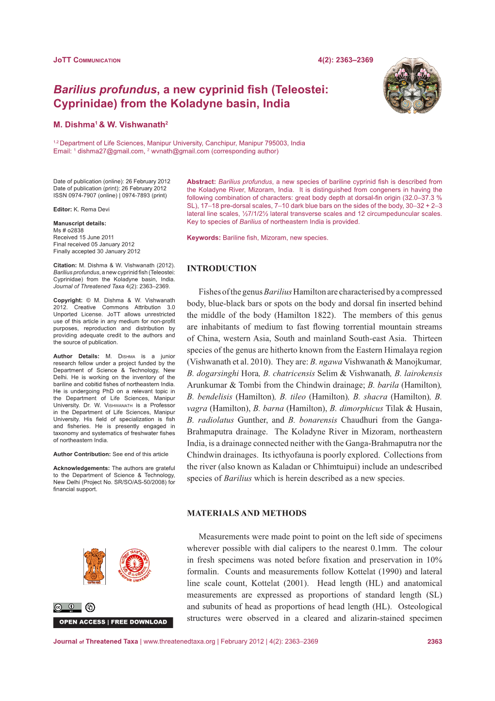 Barilius Profundus, a New Cyprinid Fish (Teleostei: Cyprinidae) from the Koladyne Basin, India