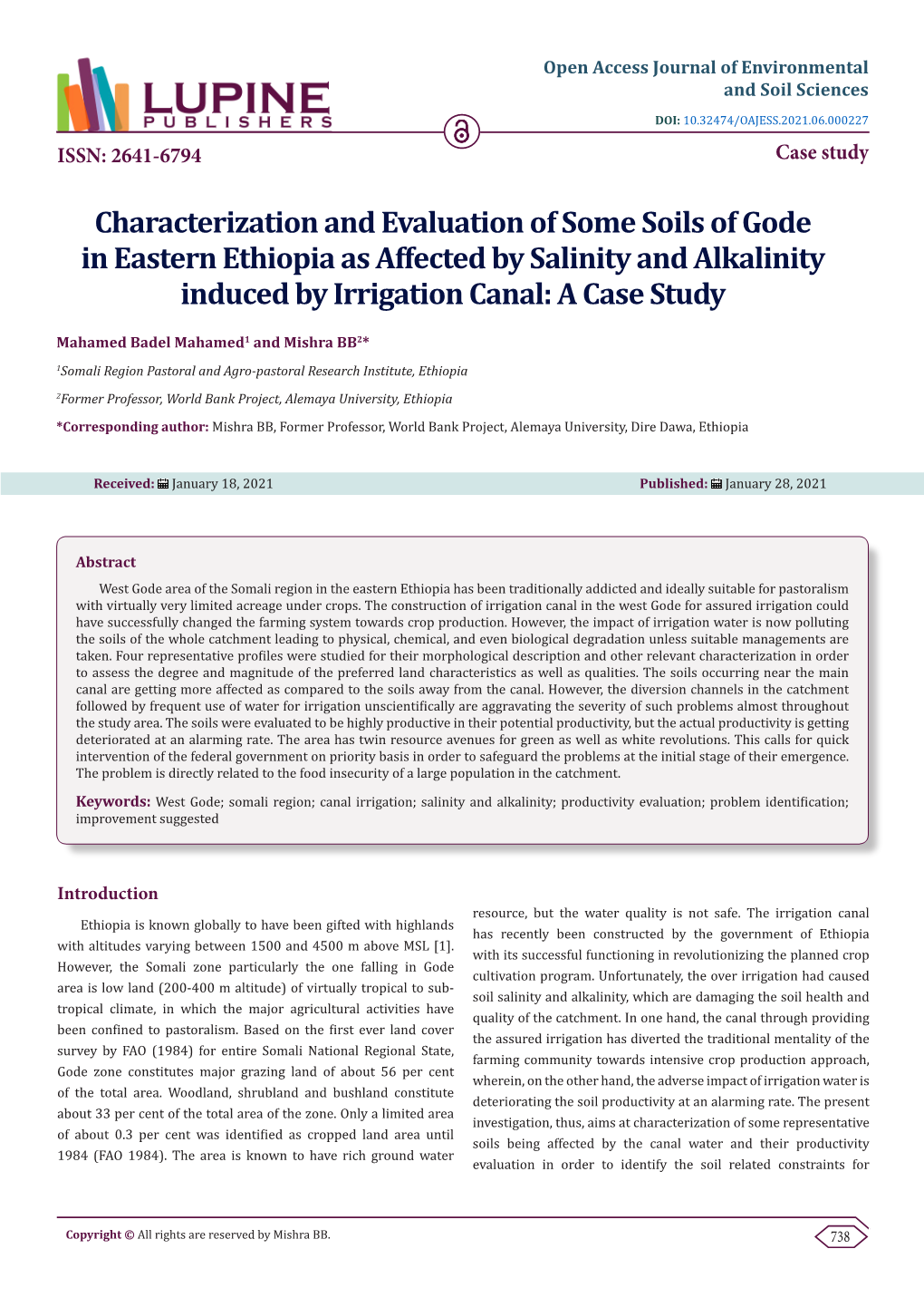 Characterization and Evaluation of Some Soils of Gode in Eastern Ethiopia As Affected by Salinity and Alkalinity Induced by Irrigation Canal: a Case Study