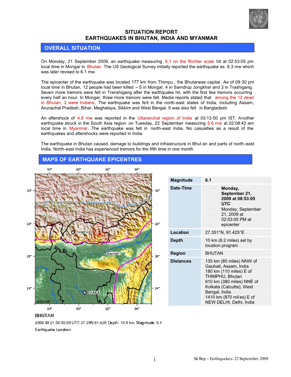 1 Situation Report Earthquakes in Bhutan