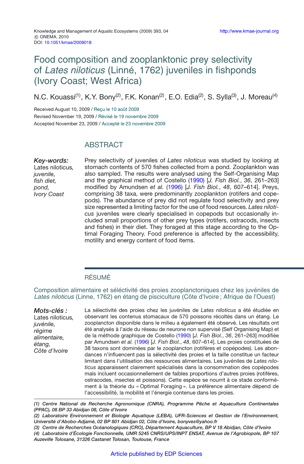 Food Composition and Zooplanktonic Prey Selectivity of Lates Niloticus (Linné, 1762) Juveniles in ﬁshponds (Ivory Coast; West Africa)