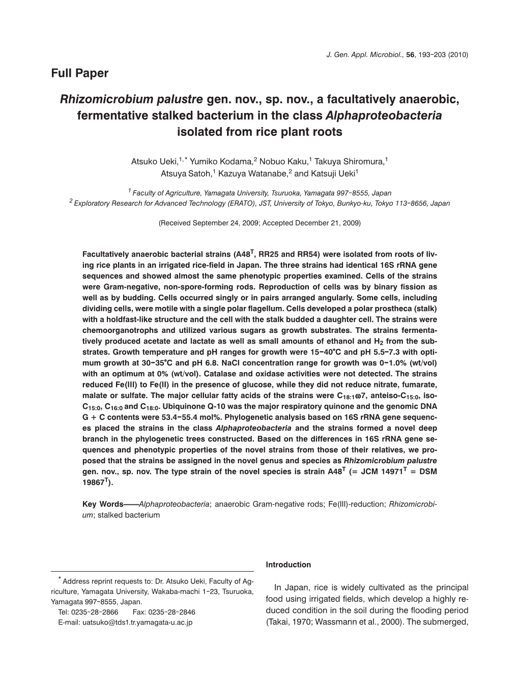 Rhizomicrobium Palustre Gen. Nov., Sp. Nov., a Facultatively Anaerobic, Fermentative Stalked Bacterium in the Class Alphaproteobacteria Isolated from Rice Plant Roots