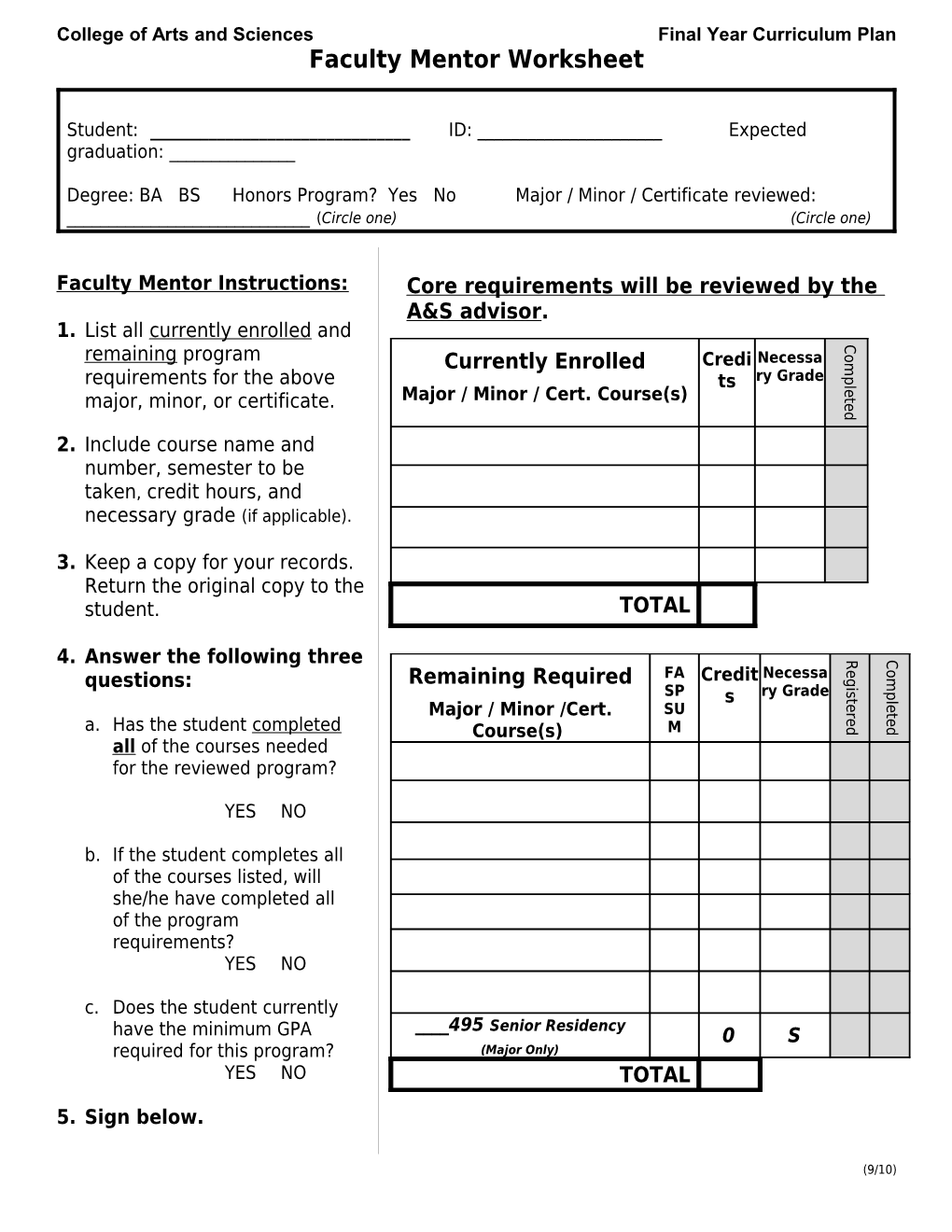 Arts and Sciences Registration Worksheet