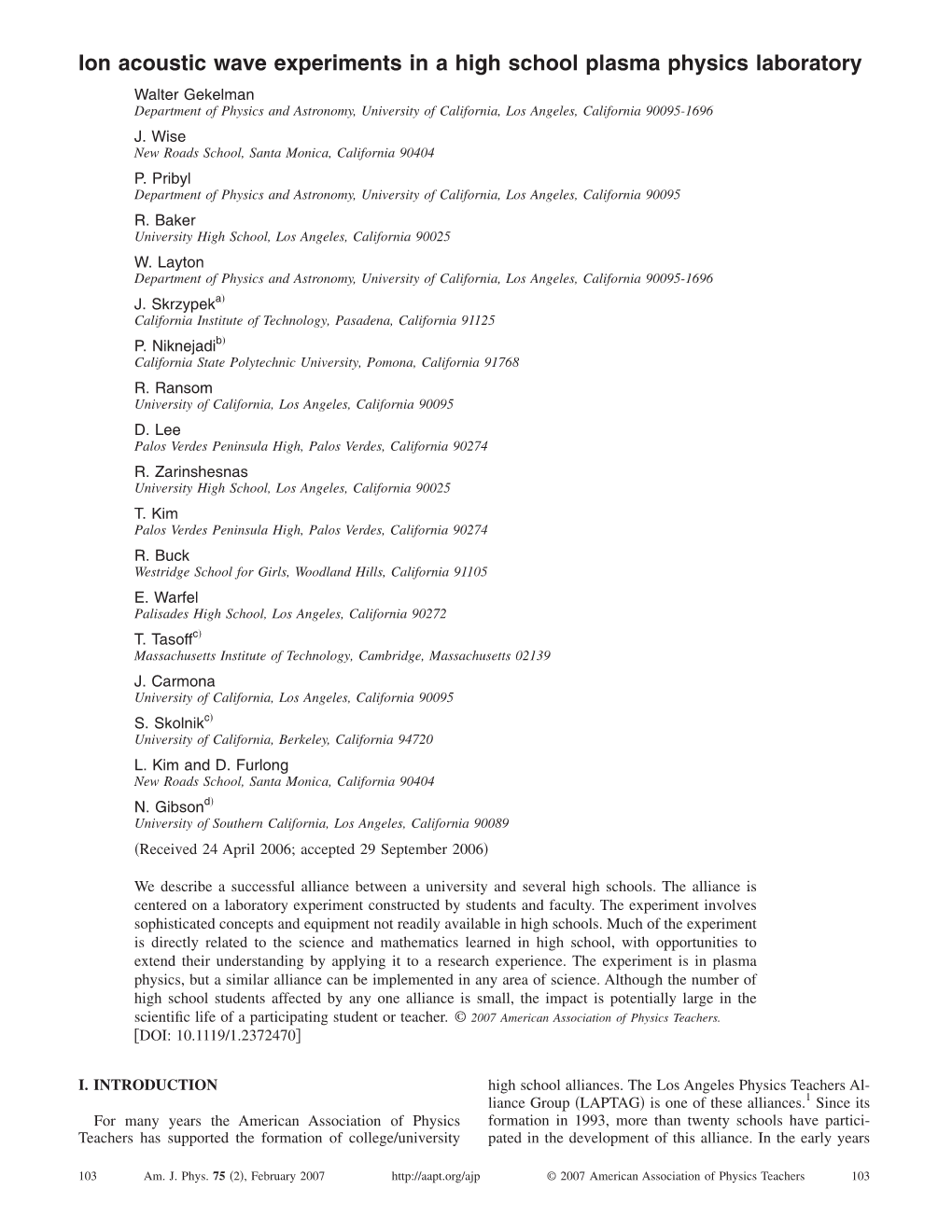 Ion Acoustic Wave Experiments in a High School Plasma Physics