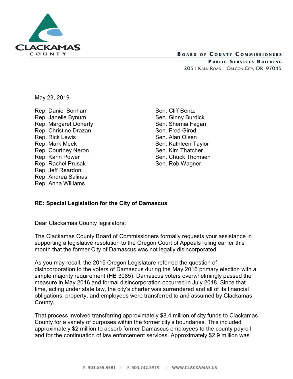 May 23, 2019 Rep. Daniel Bonham Sen. Cliff Bentz Rep. Janelle