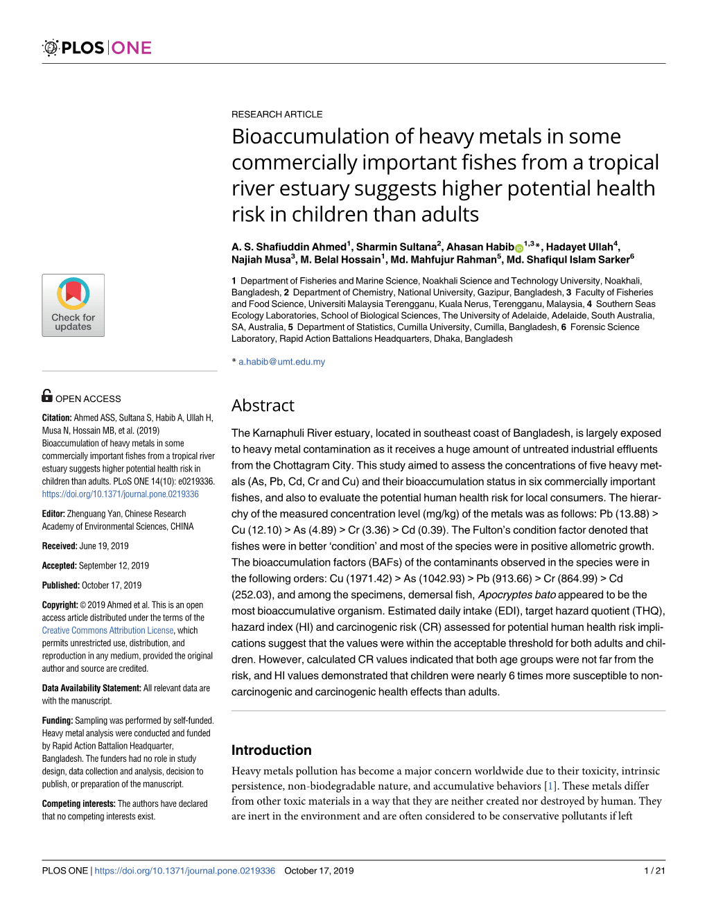 Bioaccumulation of Heavy Metals in Some Commercially Important Fishes from a Tropical River Estuary Suggests Higher Potential Health Risk in Children Than Adults