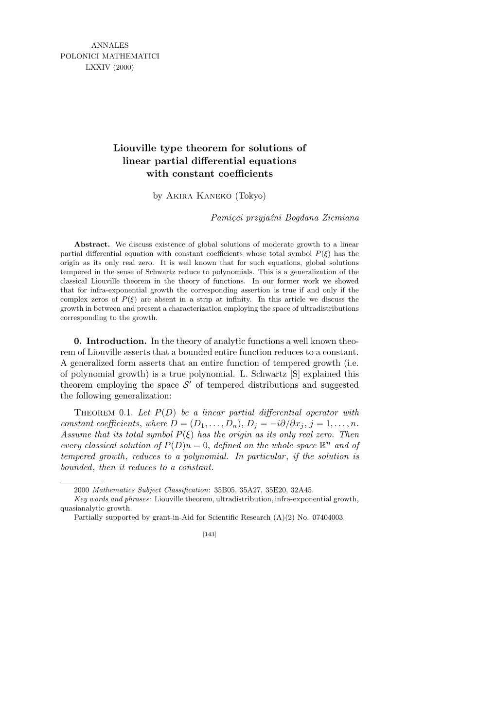 Liouville Type Theorem for Solutions of Linear Partial Differential Equations with Constant Coefficients