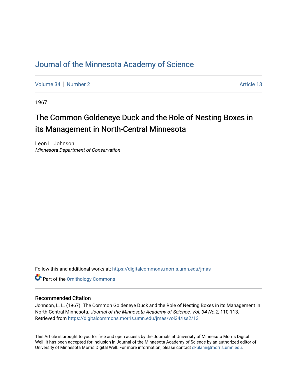The Common Goldeneye Duck and the Role of Nesting Boxes in Its Management in North-Central Minnesota