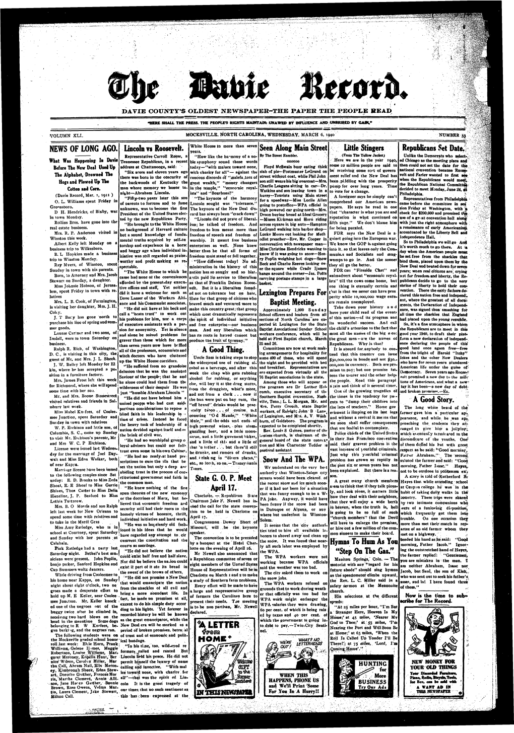 NEWS of LONG AGO. Lincoh Vs Roosevelt. a Good Thing. State G. 0. P. Meet April 17. Seen Along Main Street Lexington Prepares