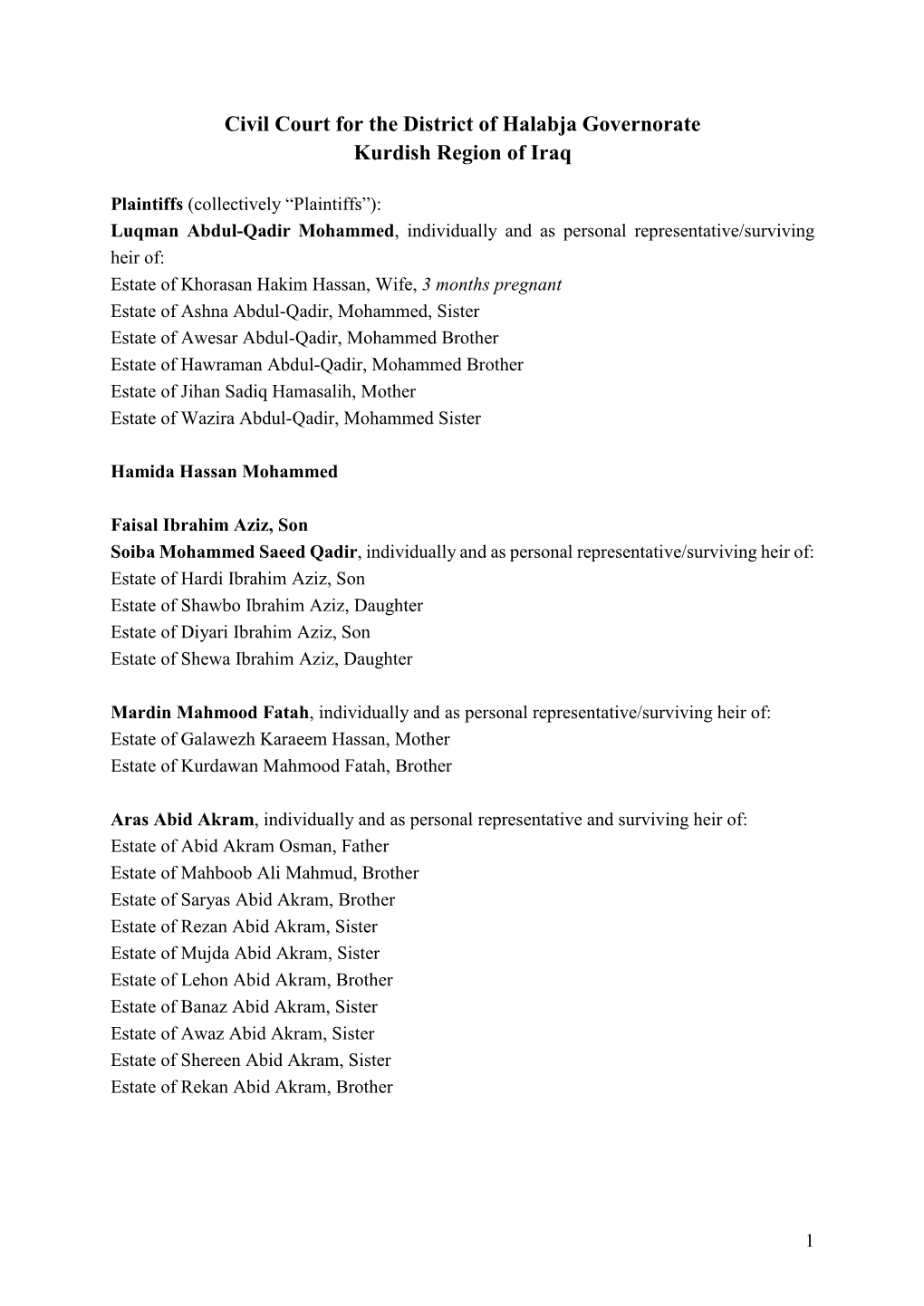 Civil Court for the District of Halabja Governorate Kurdish Region of Iraq