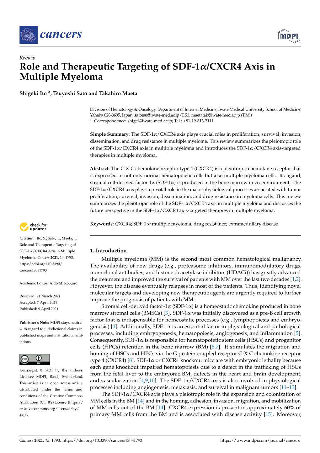 Role and Therapeutic Targeting of SDF-1/CXCR4 Axis in Multiple