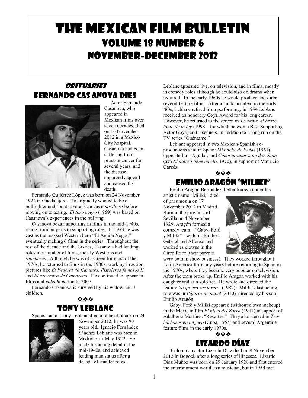 THE MEXICAN FILM BULLETIN Volume 18 Number 6 (November-December 2012) the Mexican Film Bulletin