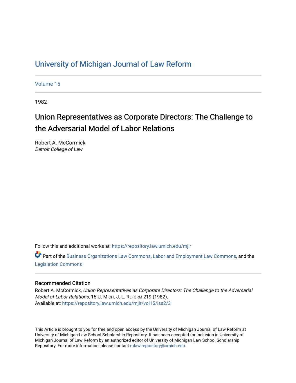 Union Representatives As Corporate Directors: the Challenge to the Adversarial Model of Labor Relations