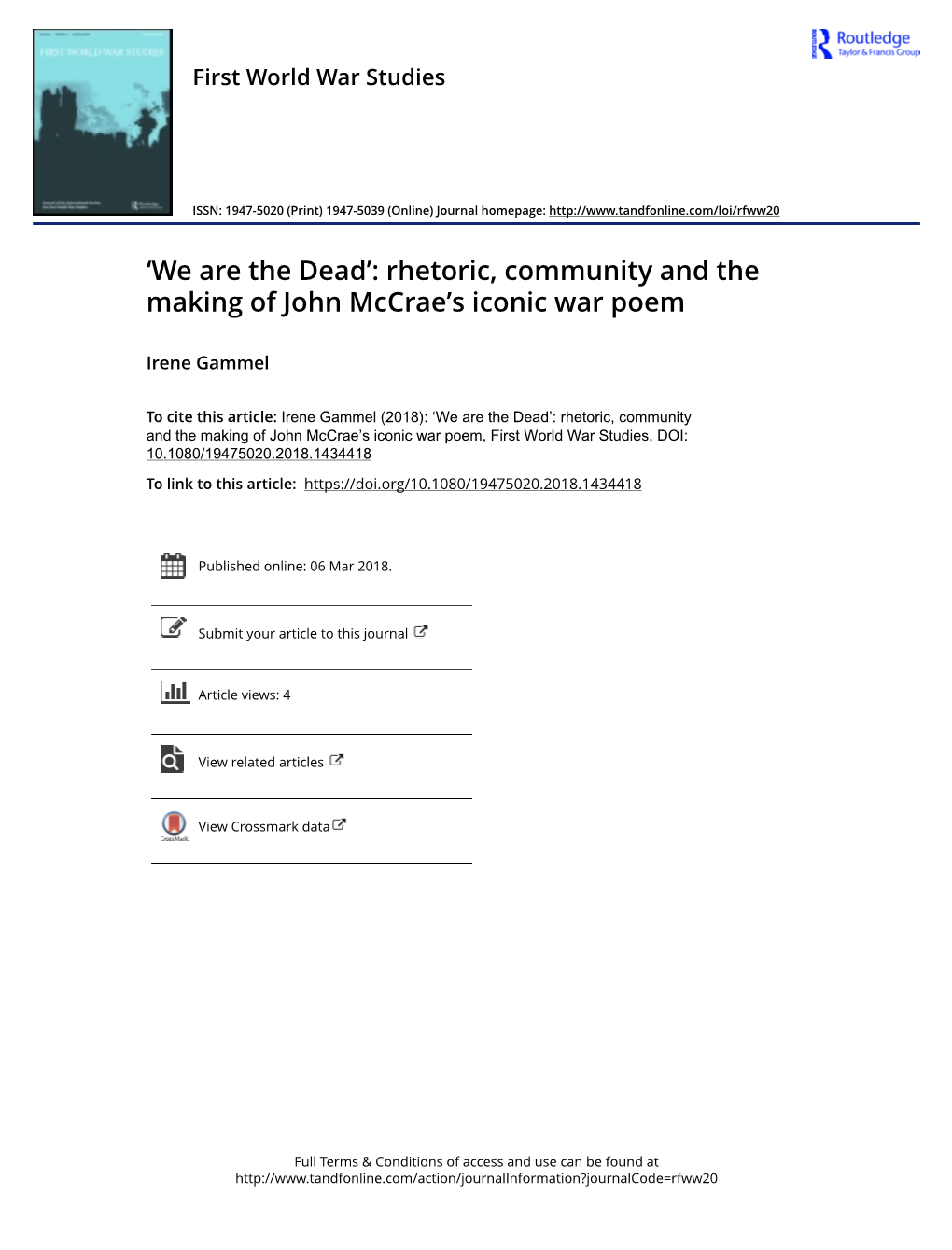 'We Are the Dead': Rhetoric, Community and the Making of John Mccrae's